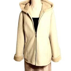 Marvin Richards Coat Women's Sz M Beige Fleece Lined Faux Suede Hood Warm Jacket